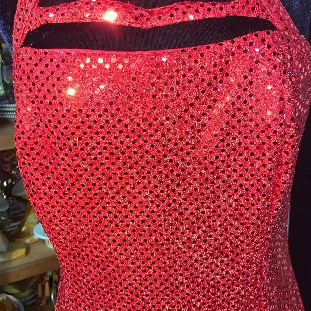 Sexy Retro Vintage 90s Red Sequin Floor Length Formal Gown Halter Neck Leg Slit - Picture 5 of 16